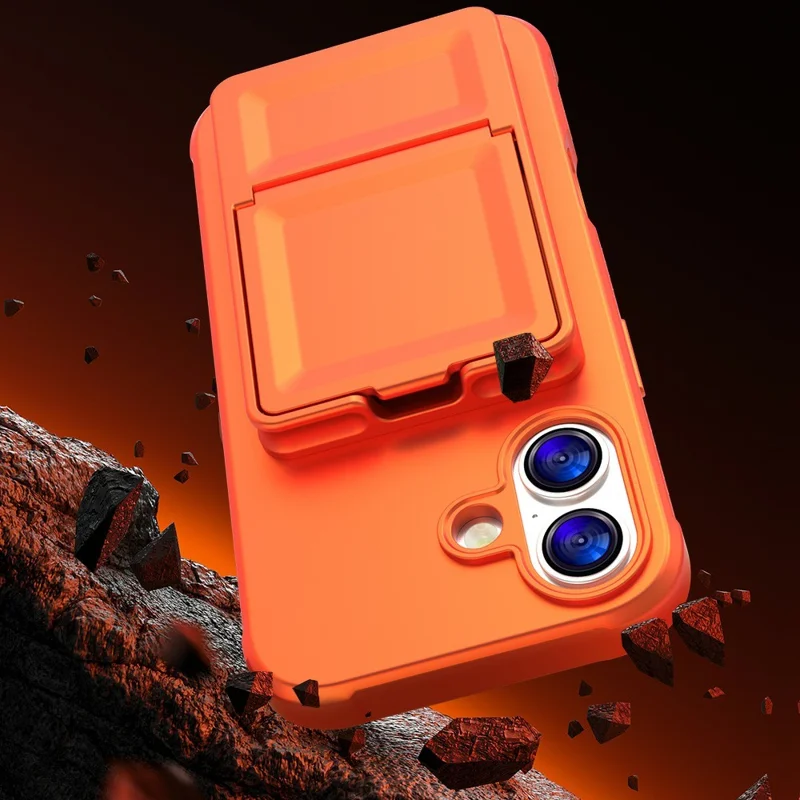 For iPhone 17 Hoesje Skin-Touch Met Pasjeshouder TPU + PC Telefoonhoesje met Spiegelstandaard - Oranje