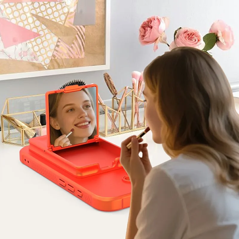 For iPhone 17 Hoesje Skin-Touch Met Pasjeshouder TPU + PC Telefoonhoesje met Spiegelstandaard - Oranje