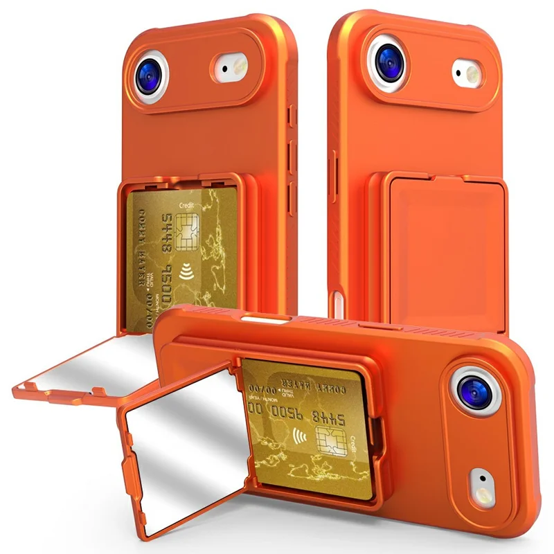 For iPhone Air Case Skin-Touch Card Holder TPU + PC Phone Cover with Mirror Kickstand - Orange