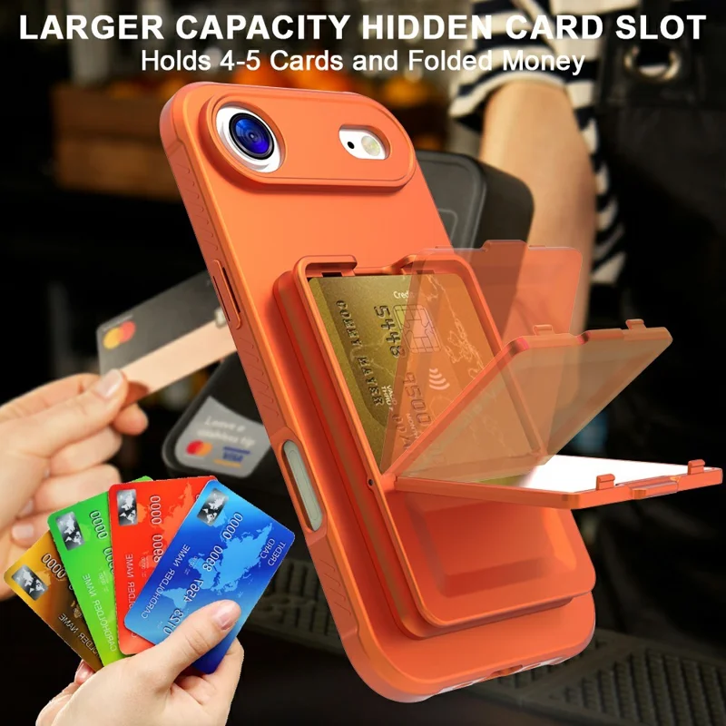 For iPhone Air Case Skin-Touch Card Holder TPU + PC Phone Cover with Mirror Kickstand - Orange