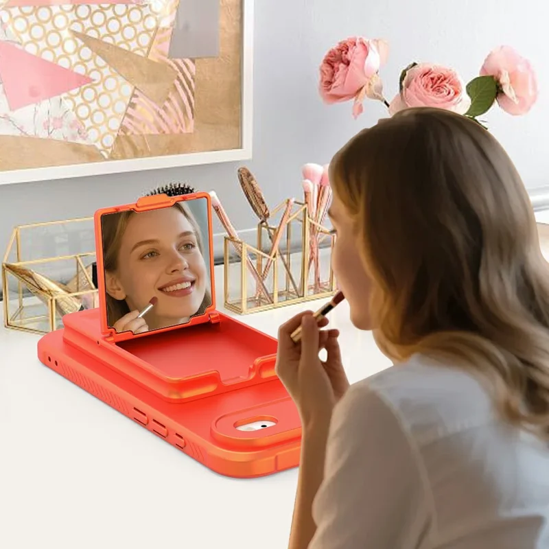 For iPhone Air Case Skin-Touch Card Holder TPU + PC Phone Cover with Mirror Kickstand - Orange