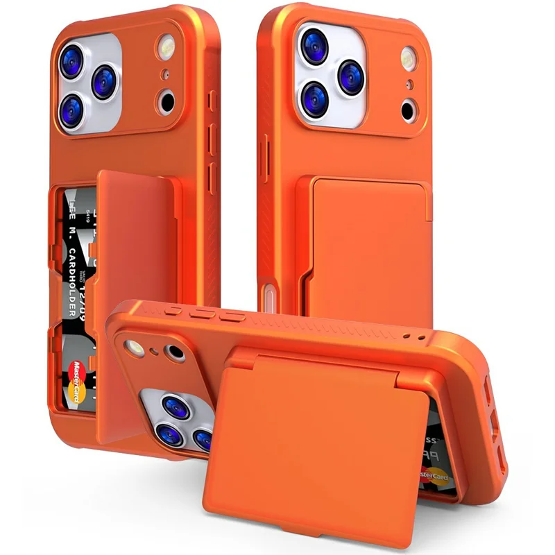 Custodia per iPhone 17 Pro Cover per telefono in PC + TPU con supporto kickstand e porta carte con specchio nascosto - Arancione