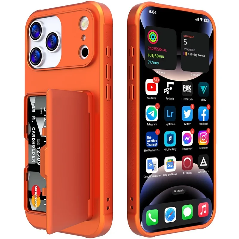 Custodia per iPhone 17 Pro Cover per telefono in PC + TPU con supporto kickstand e porta carte con specchio nascosto - Arancione