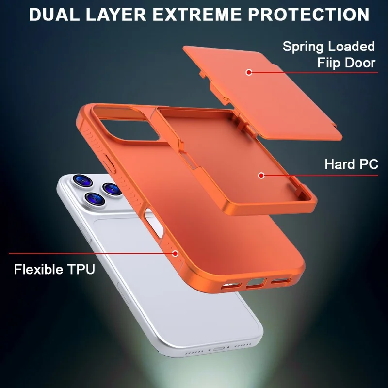 Custodia per iPhone 17 Pro Cover per telefono in PC + TPU con supporto kickstand e porta carte con specchio nascosto - Arancione