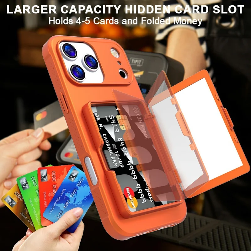 Custodia per iPhone 17 Pro Cover per telefono in PC + TPU con supporto kickstand e porta carte con specchio nascosto - Arancione