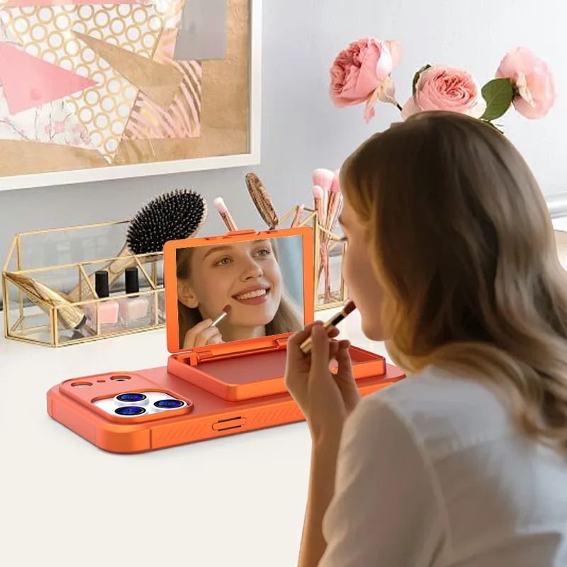 Custodia per iPhone 17 Pro Cover per telefono in PC + TPU con supporto kickstand e porta carte con specchio nascosto - Arancione