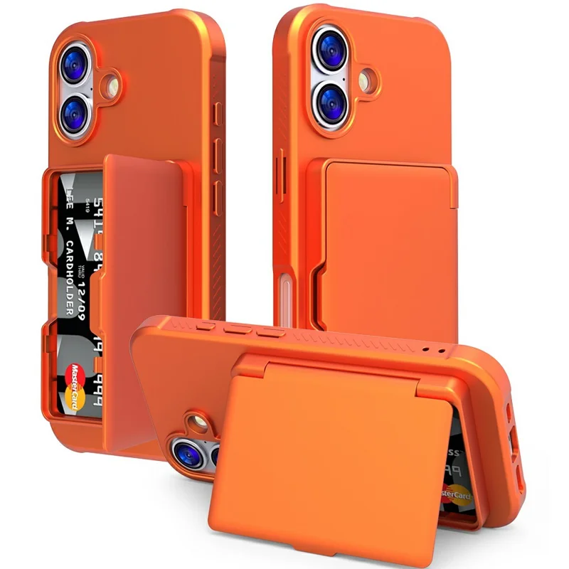 Custodia per iPhone 17 Cover per telefono in PC + TPU con specchietto nascosto, porta carte e supporto - Arancione