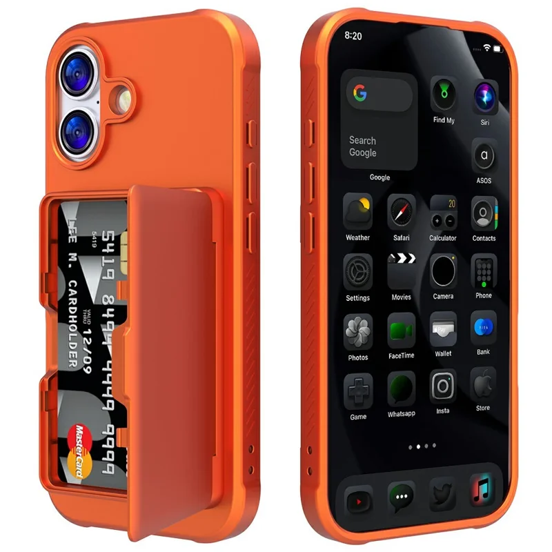 Custodia per iPhone 17 Cover per telefono in PC + TPU con specchietto nascosto, porta carte e supporto - Arancione