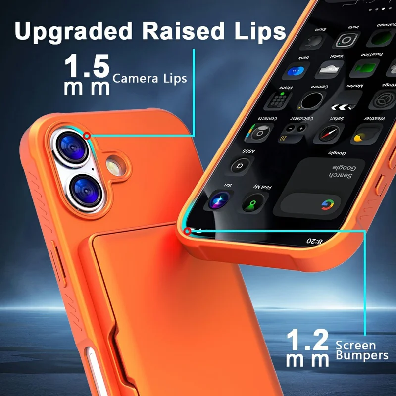 Custodia per iPhone 17 Cover per telefono in PC + TPU con specchietto nascosto, porta carte e supporto - Arancione