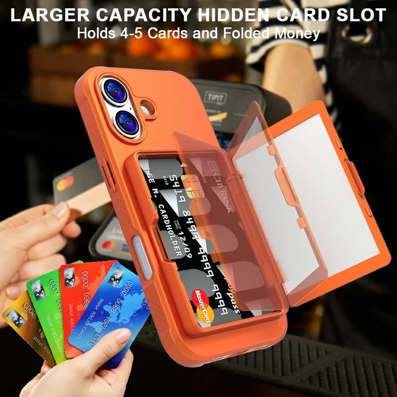 Custodia per iPhone 17 Cover per telefono in PC + TPU con specchietto nascosto, porta carte e supporto - Arancione