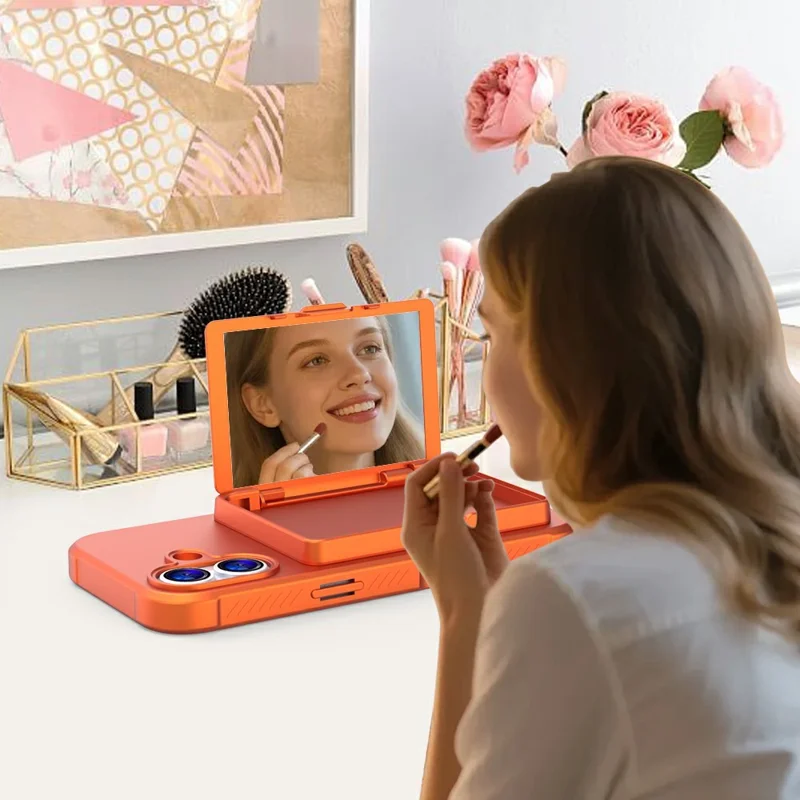 Custodia per iPhone 17 Cover per telefono in PC + TPU con specchietto nascosto, porta carte e supporto - Arancione