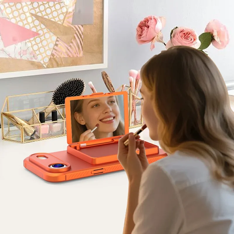 For iPhone Air Case PC + TPU Phone Cover with Hidden Mirror Card Holder Kickstand - Orange