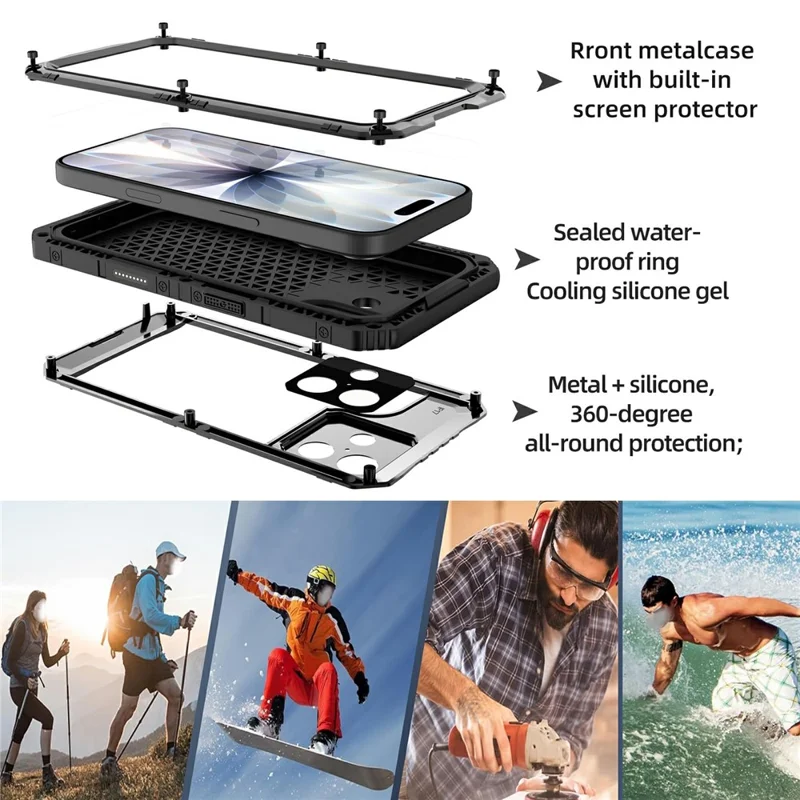 IP68 Waterproof Phone Case for iPhone 17 Metal + Silicone Cover with Screen Protector - Silver