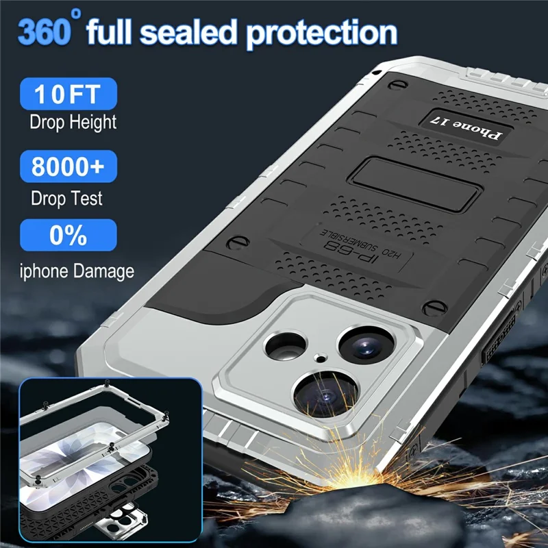 IP68 Waterproof Phone Case for iPhone 17 Metal + Silicone Cover with Screen Protector - Silver