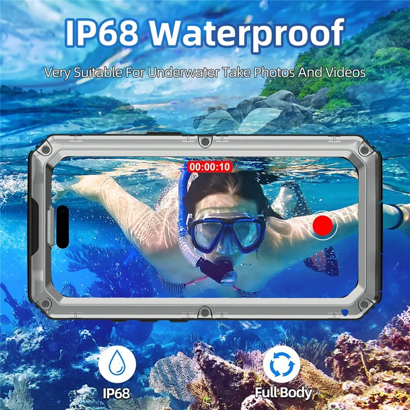 IP68 Waterproof Phone Case for iPhone 17 Metal + Silicone Cover with Screen Protector - Silver