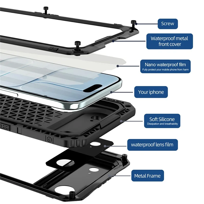 Capa à Prova d'Água IP68 para iPhone Air em Metal + Silicone com Proteção de Ecrã - Preto