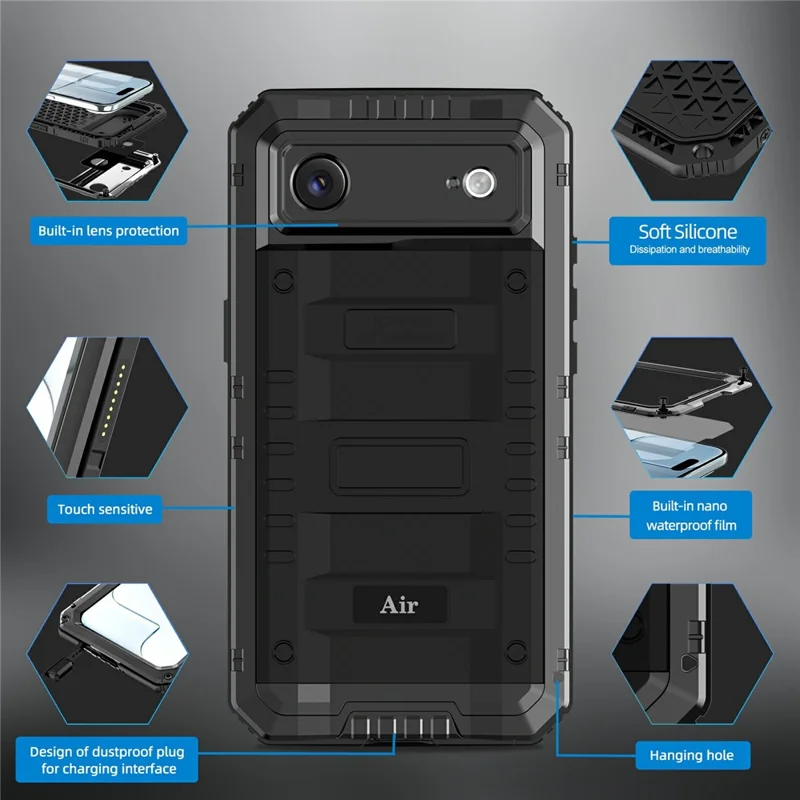 Capa à Prova d'Água IP68 para iPhone Air em Metal + Silicone com Proteção de Ecrã - Preto