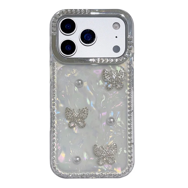 For iPhone 17 Pro Case Shell Texture Butterfly Pearl Rhinestone Decor PC + TPU Phone Cover - Small Butterfly