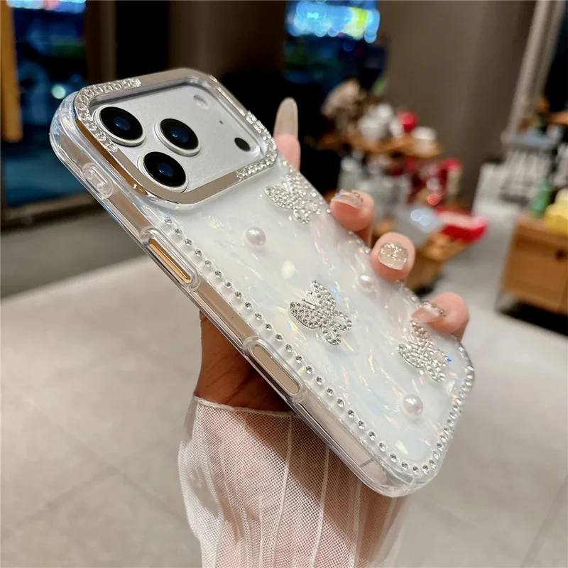 For iPhone 17 Pro Case Shell Texture Butterfly Pearl Rhinestone Decor PC + TPU Phone Cover - Small Butterfly
