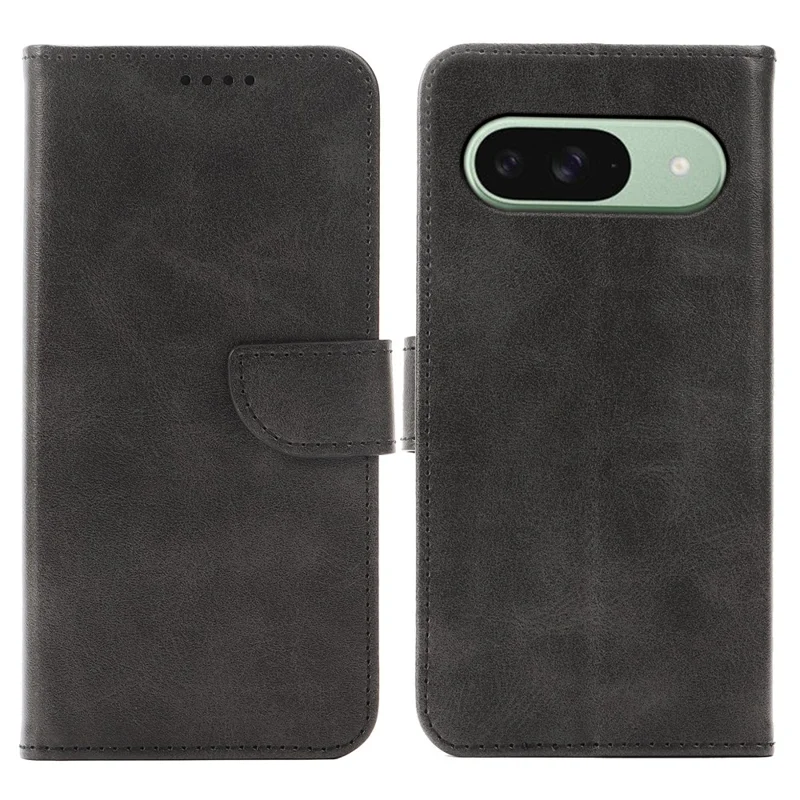 For Google Pixel 9 / 9 Pro Case Wallet Stand Magnetic Clasp Closure Calf Texture Leather Phone Cover - Black