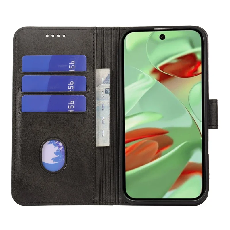 For Google Pixel 9 / 9 Pro Case Wallet Stand Magnetic Clasp Closure Calf Texture Leather Phone Cover - Black