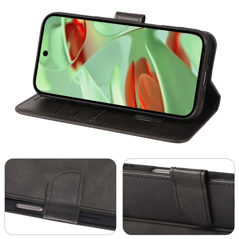 For Google Pixel 9 / 9 Pro Case Wallet Stand Magnetic Clasp Closure Calf Texture Leather Phone Cover - Black