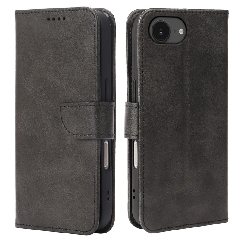 For iPhone 16e Case Wallet Stand Magnetic Clasp Closure Calf Texture Leather Phone Cover - Black