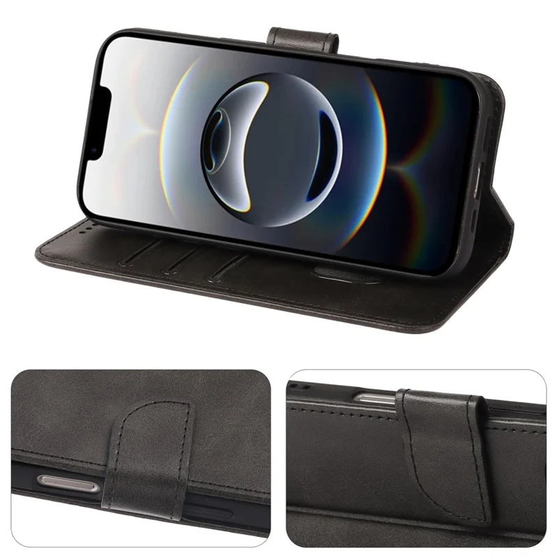 For iPhone 16e Case Wallet Stand Magnetic Clasp Closure Calf Texture Leather Phone Cover - Black