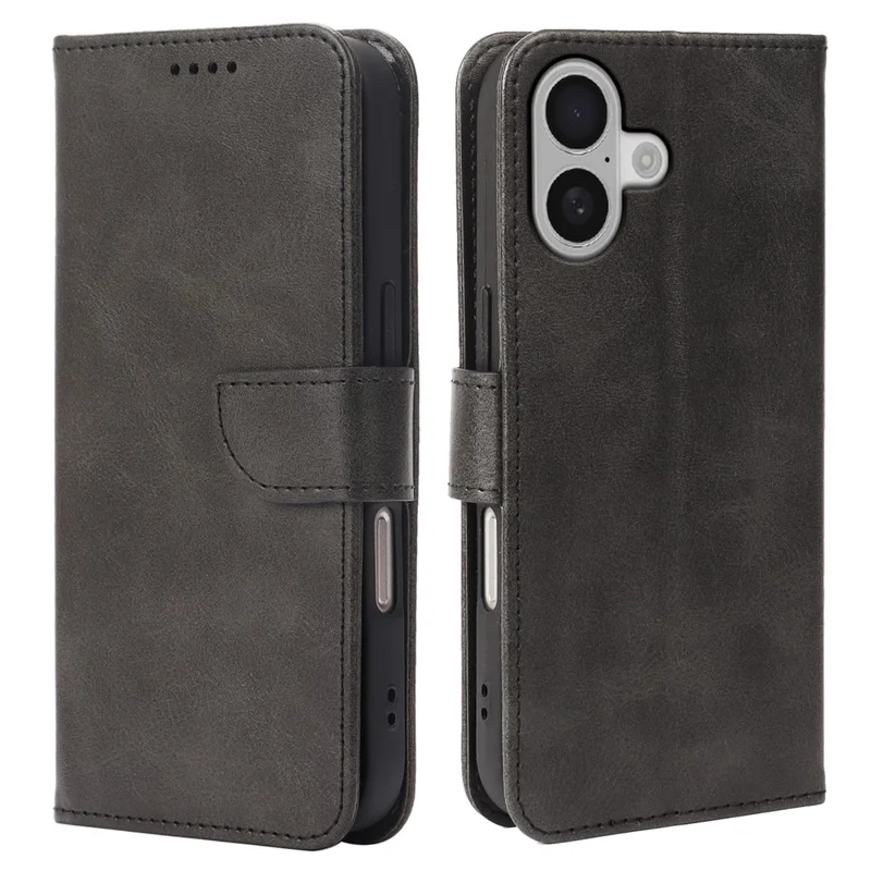 Für iPhone 16 Hülle mit Geldbörse, Ständer, magnetischem Verschluss, Kalbsleder-Optik Ledertasche - Schwarz