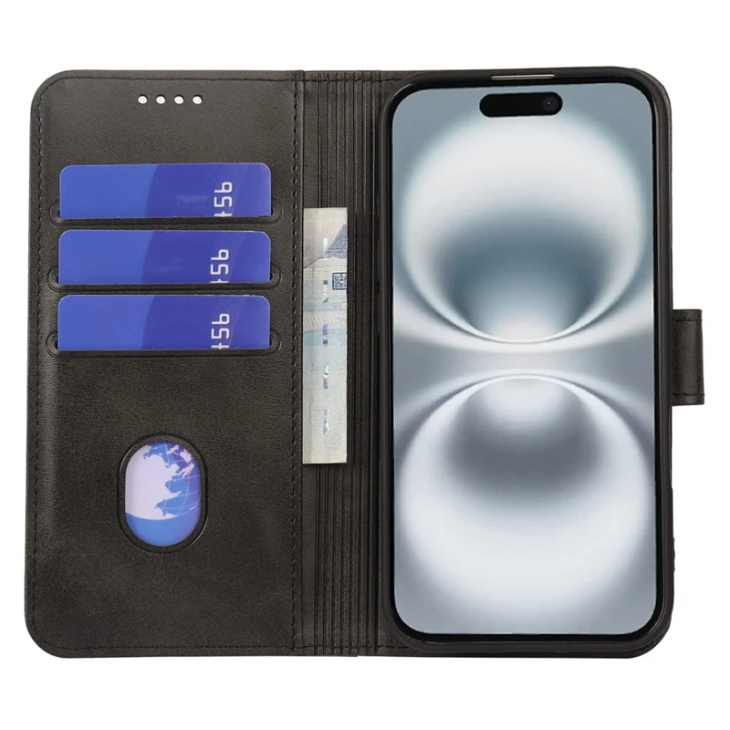Für iPhone 16 Hülle mit Geldbörse, Ständer, magnetischem Verschluss, Kalbsleder-Optik Ledertasche - Schwarz