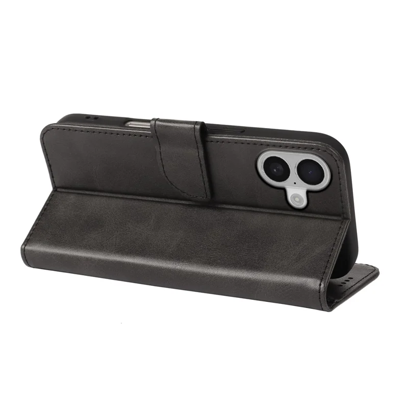 Für iPhone 16 Hülle mit Geldbörse, Ständer, magnetischem Verschluss, Kalbsleder-Optik Ledertasche - Schwarz