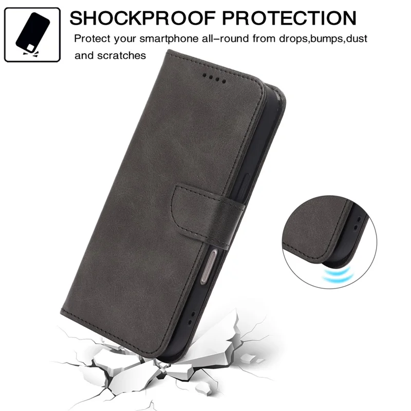 Für iPhone 16 Hülle mit Geldbörse, Ständer, magnetischem Verschluss, Kalbsleder-Optik Ledertasche - Schwarz