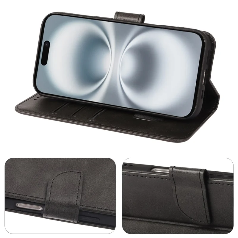 Für iPhone 16 Hülle mit Geldbörse, Ständer, magnetischem Verschluss, Kalbsleder-Optik Ledertasche - Schwarz