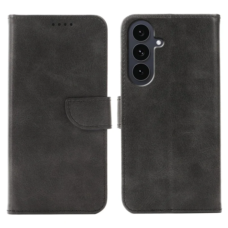 For Samsung Galaxy S24 FE Case Wallet Stand Magnetic Clasp Closure Calf Texture Leather Phone Cover - Black