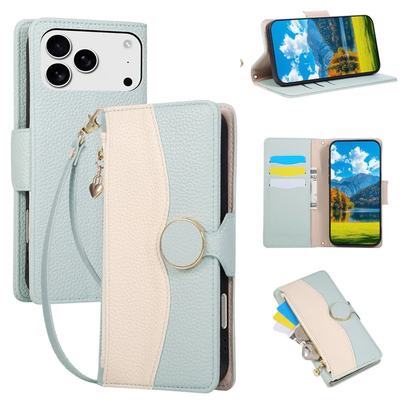 For iPhone 17 Pro Max Case Zipper Wallet Color Splicing TPU PU Leather Flip Phone Cover with Strap - Green