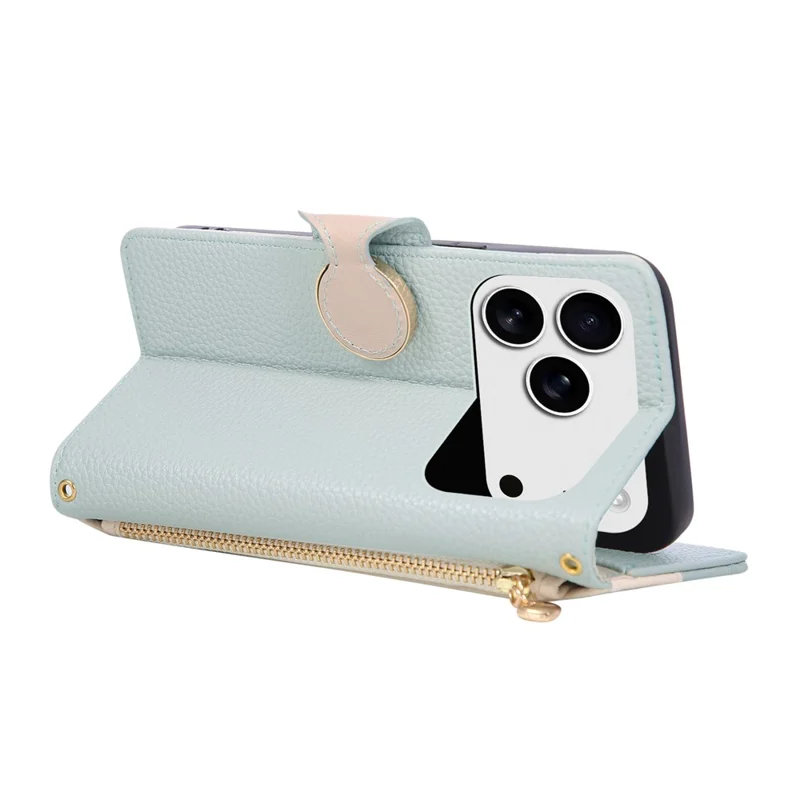 For iPhone 17 Pro Max Case Zipper Wallet Color Splicing TPU PU Leather Flip Phone Cover with Strap - Green