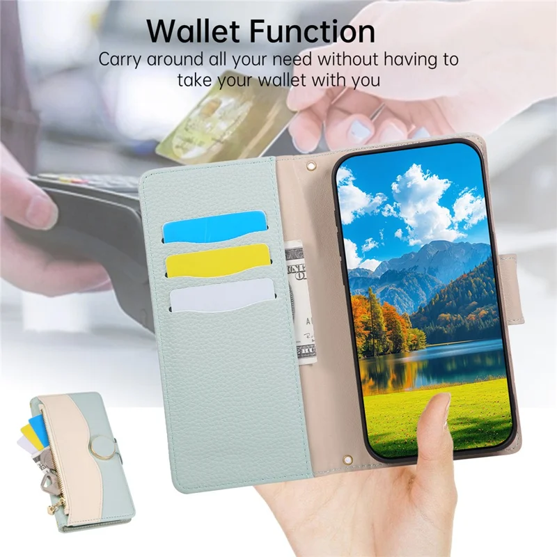 For iPhone 17 Pro Max Case Zipper Wallet Color Splicing TPU PU Leather Flip Phone Cover with Strap - Green