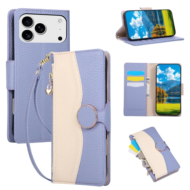 For iPhone 17 Pro Case Zipper Wallet Color Splicing TPU PU Leather Flip Phone Cover with Strap - Purple