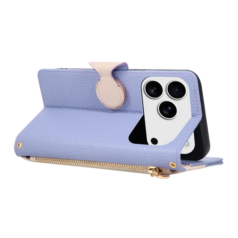 For iPhone 17 Pro Case Zipper Wallet Color Splicing TPU PU Leather Flip Phone Cover with Strap - Purple