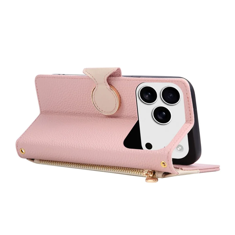 Capa Carteira com Zíper para iPhone 17 Pro, Capa de Telemóvel de Corte de Cor em TPU e Pele PU com Alça - Rosa