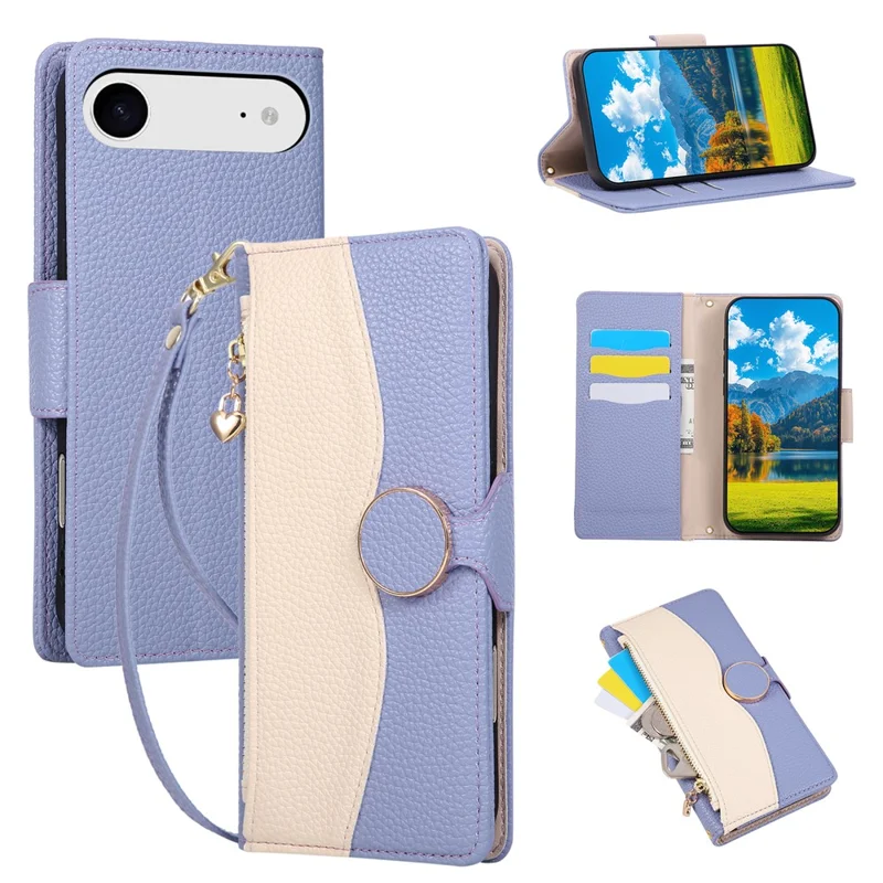 Flip-Case mit Reißverschluss-Portemonnaie für iPhone Air, Farbverlauf aus TPU und PU-Leder mit Strap - Lila