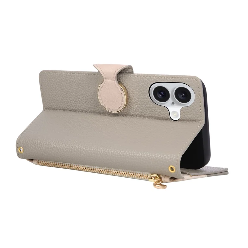 Für iPhone 17 Hülle mit Reißverschluss-Portemonnaie, Farbverbindung, TPU-PU-Leder-Klappcover mit Strap - Grau