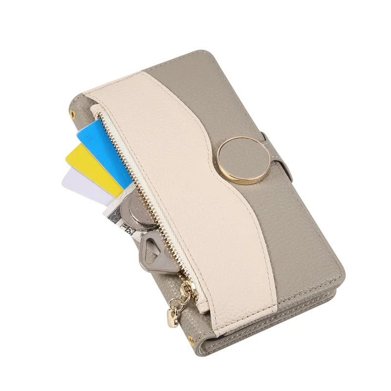 Für iPhone 17 Hülle mit Reißverschluss-Portemonnaie, Farbverbindung, TPU-PU-Leder-Klappcover mit Strap - Grau