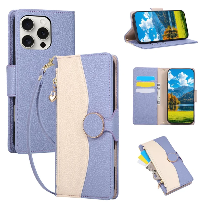 For iPhone 16 Pro Case Zipper Wallet Color Splicing TPU PU Leather Flip Phone Cover with Strap  - Purple