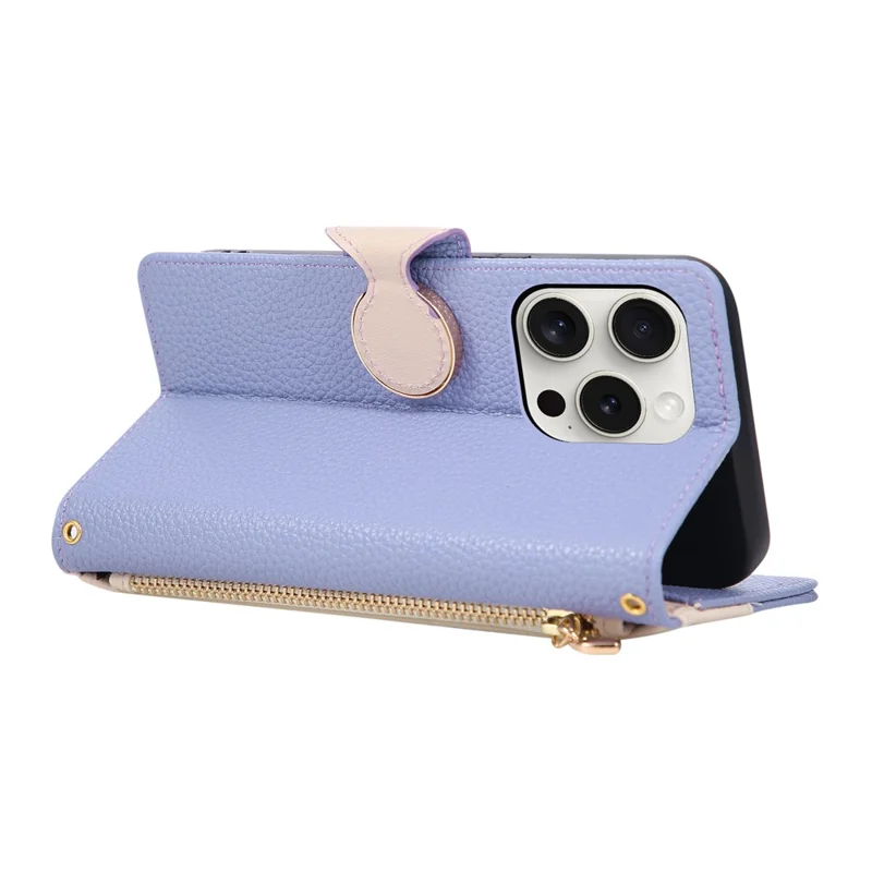 For iPhone 16 Pro Case Zipper Wallet Color Splicing TPU PU Leather Flip Phone Cover with Strap  - Purple