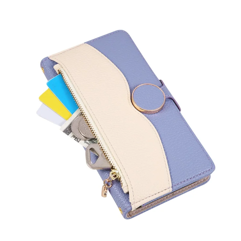 For iPhone 16 Pro Case Zipper Wallet Color Splicing TPU PU Leather Flip Phone Cover with Strap  - Purple