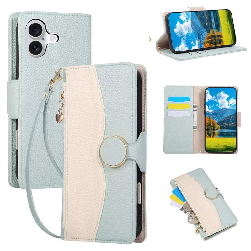 For iPhone 16 Hoesje met Portemonnee en Rits Kleurcombinatie TPU PU Leren Fliphoes met Bandje - Groen