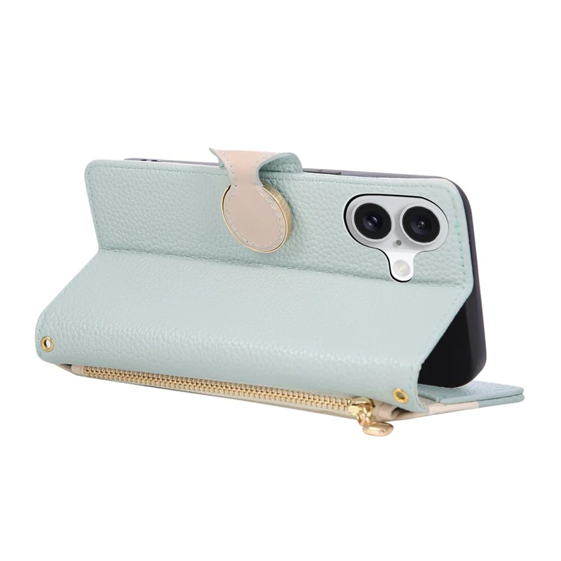 For iPhone 16 Hoesje met Portemonnee en Rits Kleurcombinatie TPU PU Leren Fliphoes met Bandje - Groen