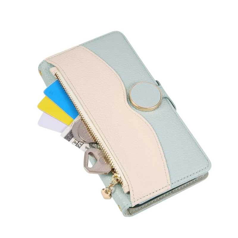 For iPhone 16 Hoesje met Portemonnee en Rits Kleurcombinatie TPU PU Leren Fliphoes met Bandje - Groen