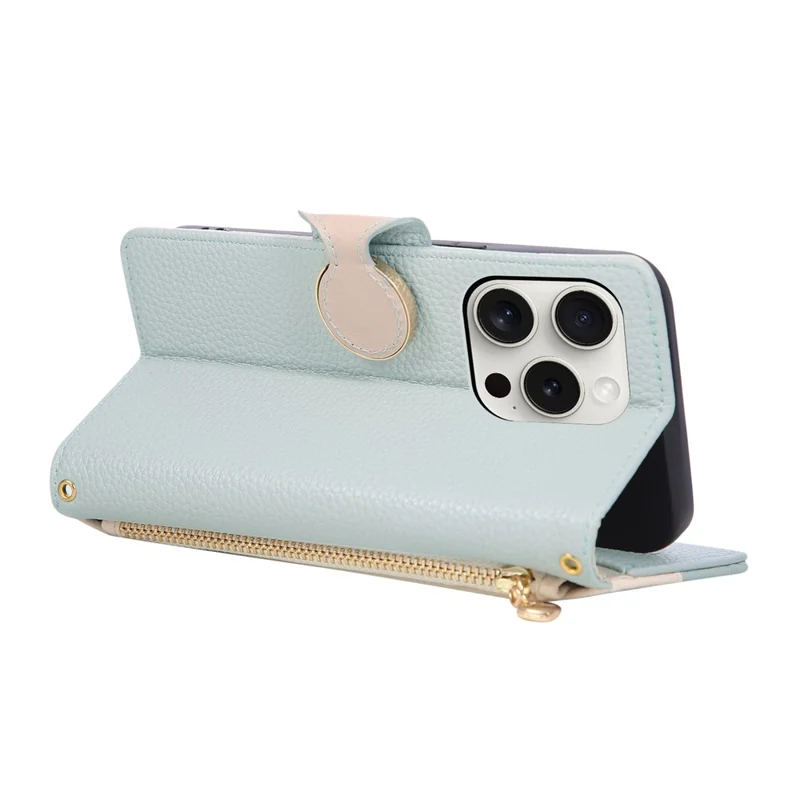 Capa Carteira com Zíper para iPhone 15 Pro Max, Capa de Telefone com Fecho de TPU e Pele PU, com Alça, em Verde